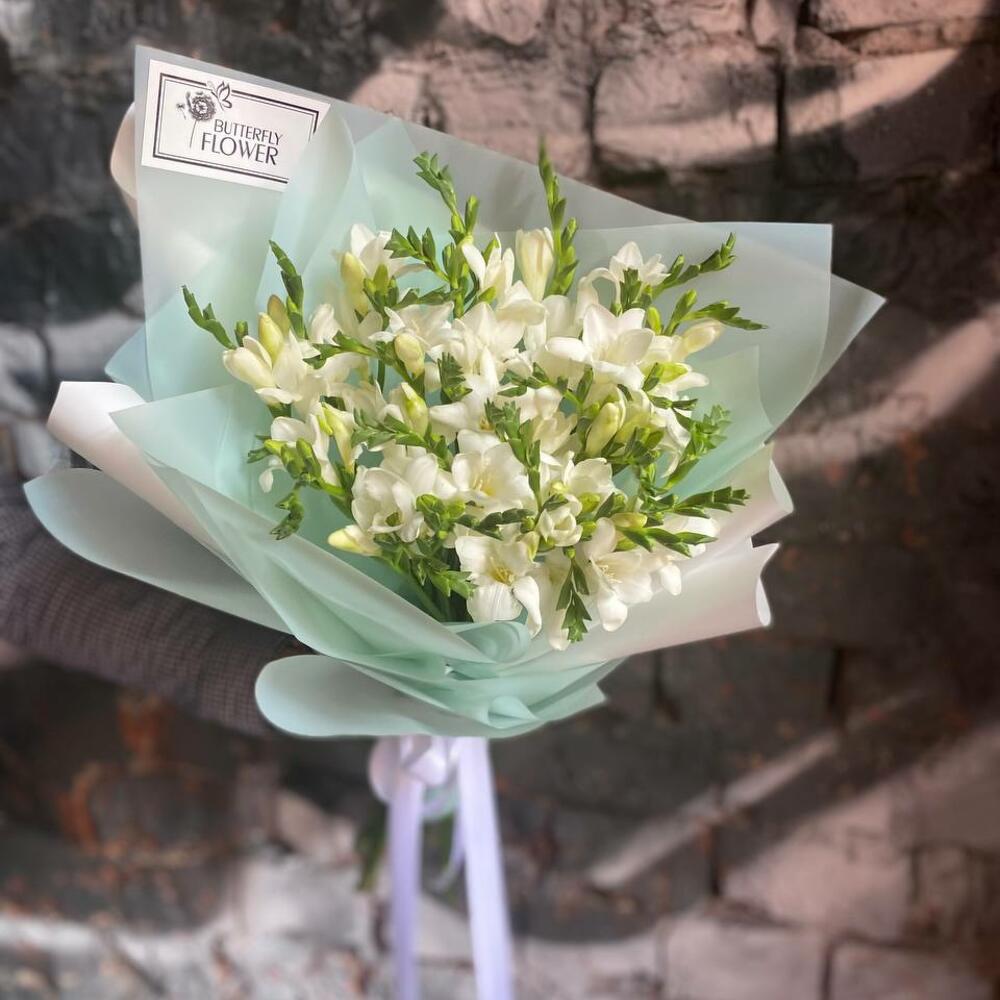 Букет из 27 белых фрезий в стильной упаковке 