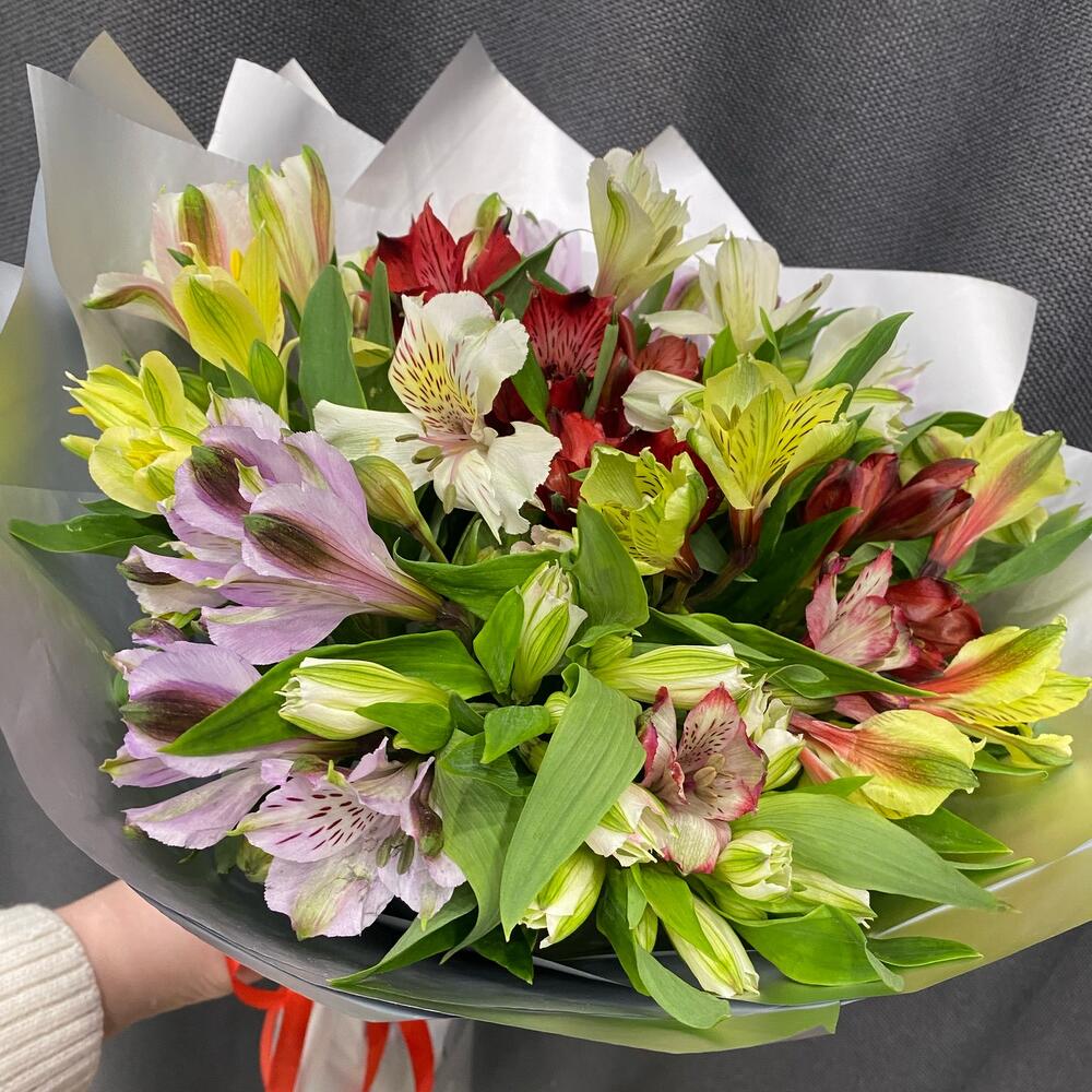 Разноцветные альстромерии в упаковке Разноцветные альстромерии в упаковке